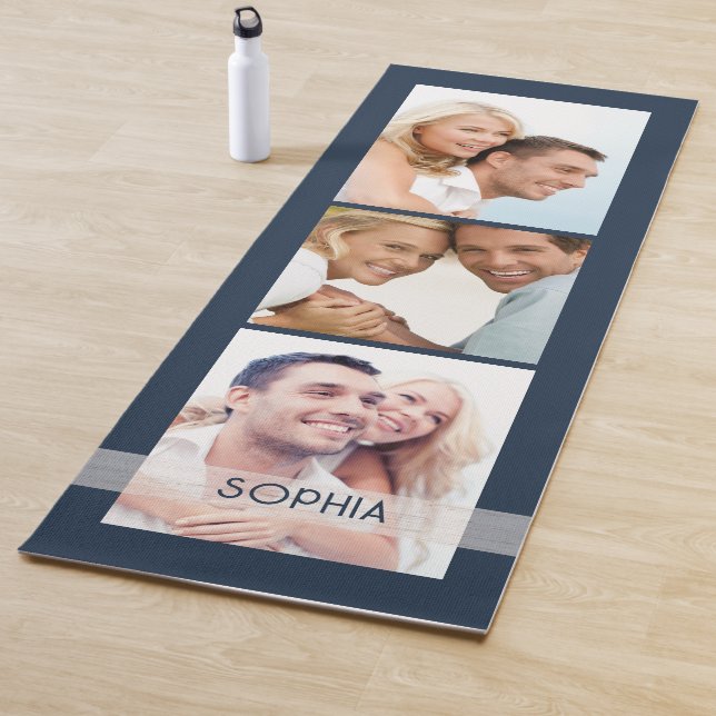 Simple Modern 3 Photo Collage Name Navy Blue  Yoga Mat (In Situ)