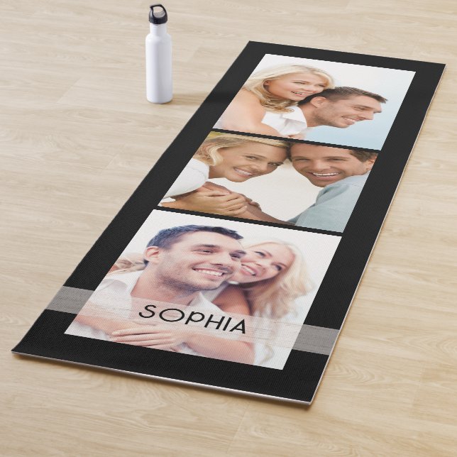 Simple Modern 3 Photo Collage Name Personalized Yoga Mat (In Situ)