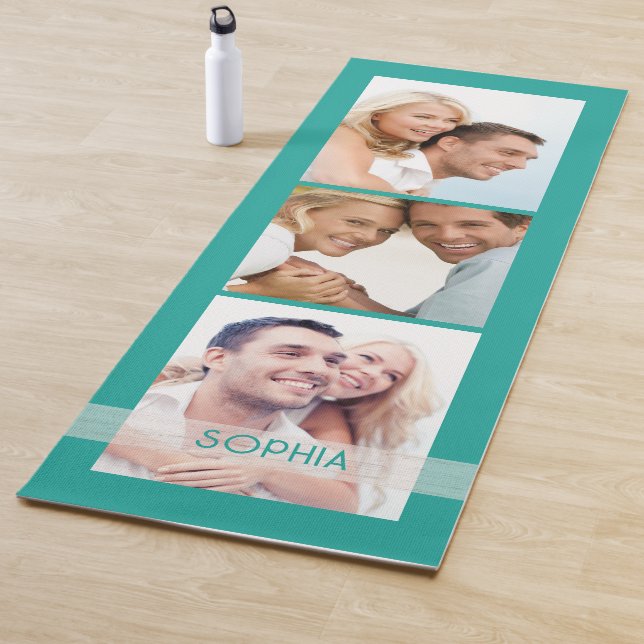 Simple Modern 3 Photo Collage Teal Personalized   Yoga Mat (In Situ)