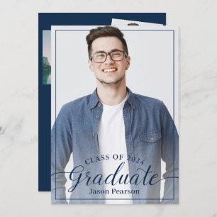 Simple Modern 3 Photo Navy Blue Script Graduation Invitation