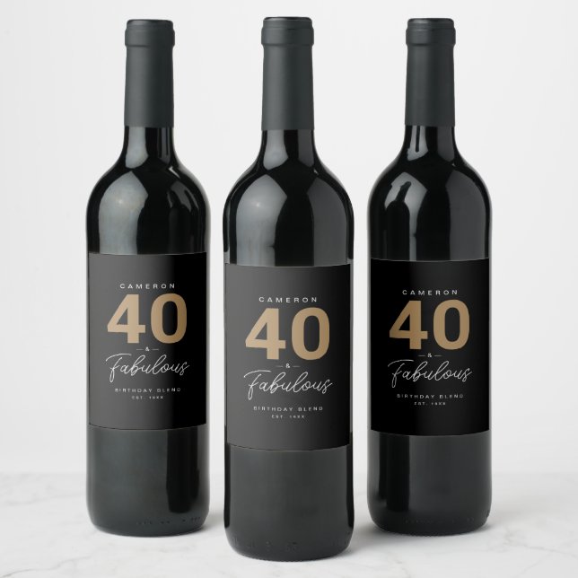 Simple Modern 40 & Fabulous Personalized Black Wine Label (Bottles)
