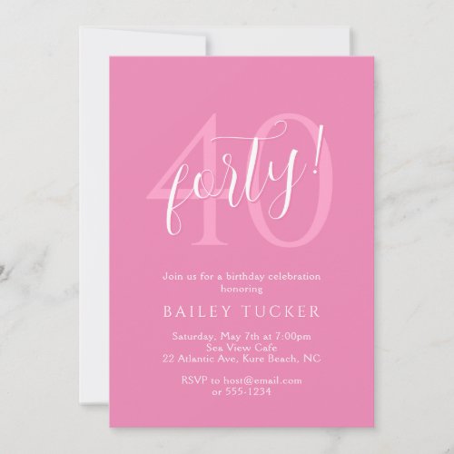 Simple Modern 40th Birthday Womens Pink Invitation