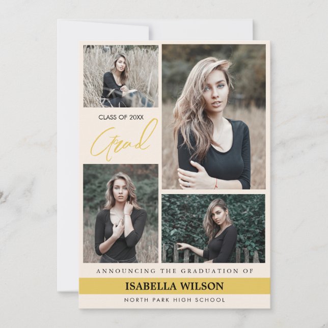 Simple Modern 4 Photo Collage Beige Graduation Announcement (Front)