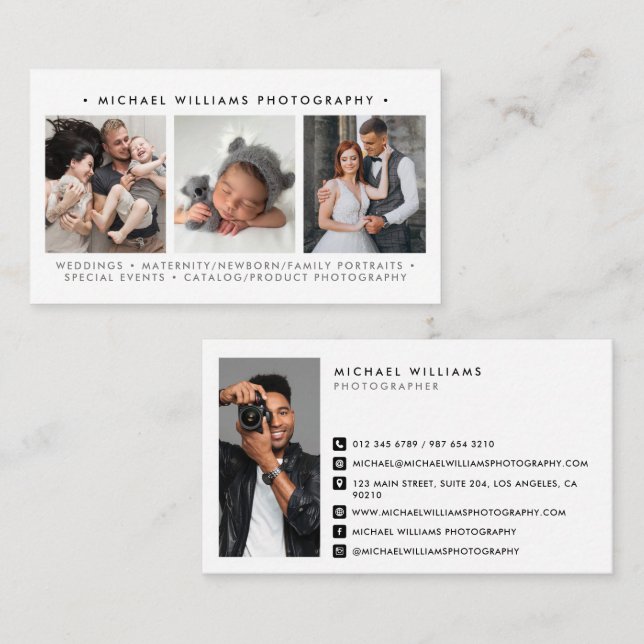 Simple Modern 4-Photo Professional Photographer Business Card (Front/Back)
