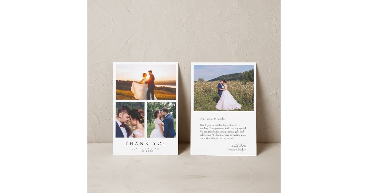 Simple Modern 4 Photo Wedding Thank You Card | Zazzle
