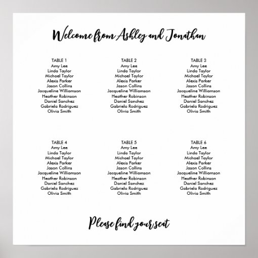 Simple Modern 6 Table Seating Chart | Zazzle