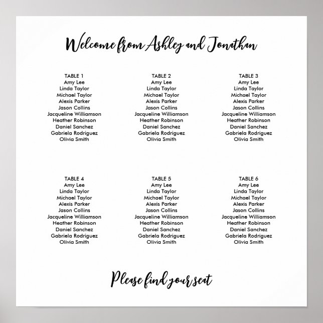 Simple Modern 6 Table Seating Chart (Front)