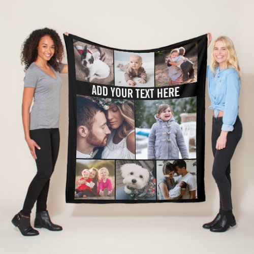 Simple Modern 8 Photo Collage Custom Text Black Fleece Blanket