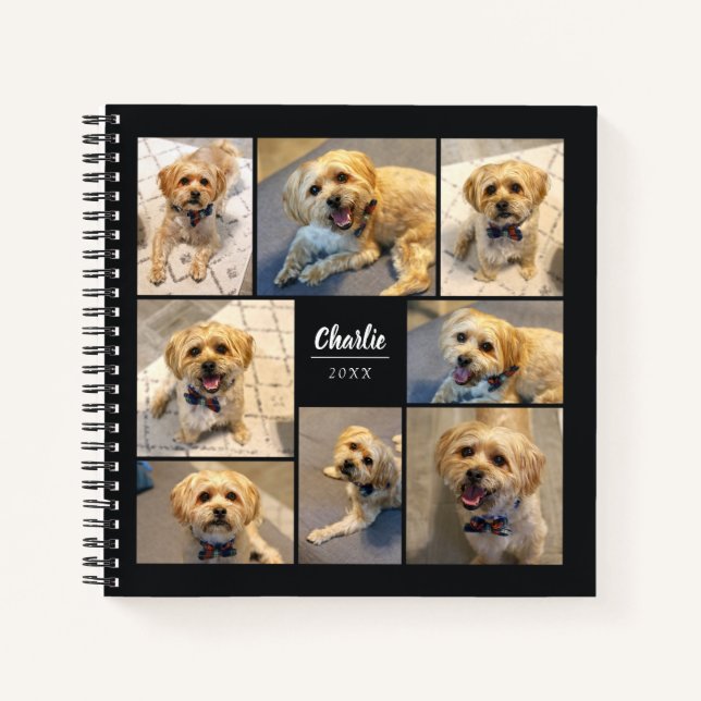 Simple Modern 8 Photo Pet Collage | Black Notebook (Front)