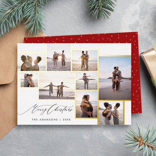 Simple Modern 9 Photo Collage Merry Christmas Foil Holiday Card