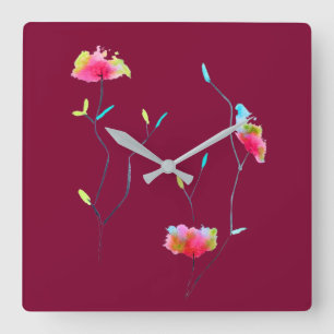 Simple modern abstract Japanese pink flower Square Wall Clock