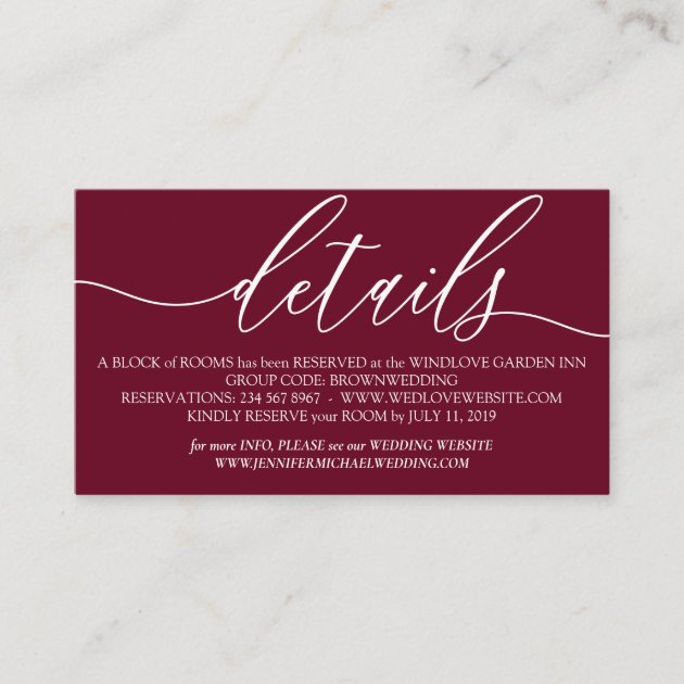 Simple Modern Add Photo Wedding Details burgundy Enclosure Card