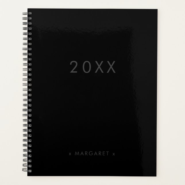 Simple Modern All Black Personalized Planner (Front)