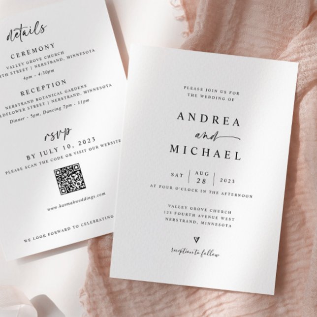 Simple Modern All in One Hand Drawn Heart Wedding Invitation (Simple Modern All in One wedding invitations with details on the back)