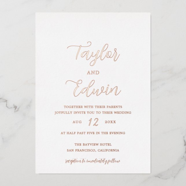 Simple Modern All In One Wedding Rose Gold Foil Invitation (Front)