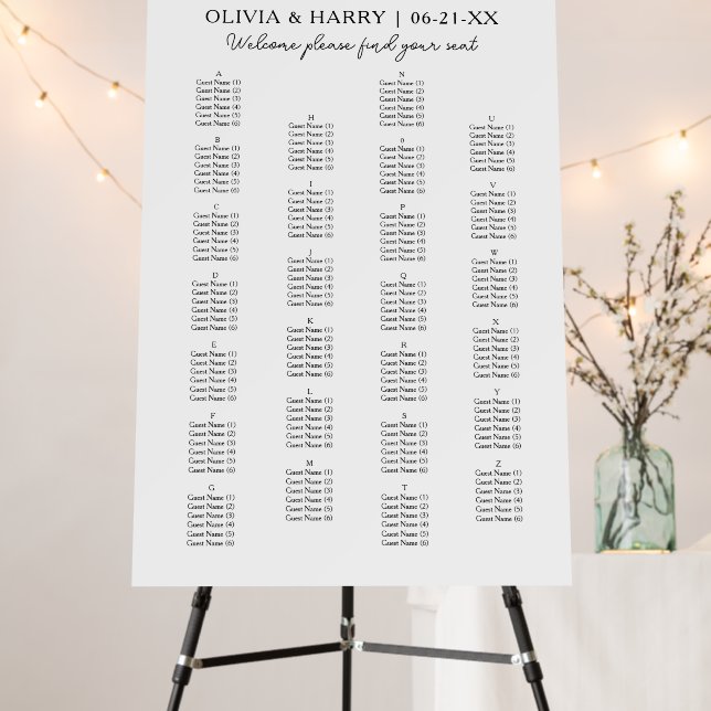 Simple Modern Alphabetical Wedding Seating Chart Foam Board (In Situ (Stand))
