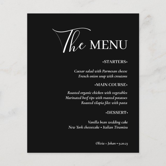 Simple Modern and Minimalist | Black Wedding Menu Flyer (Front)