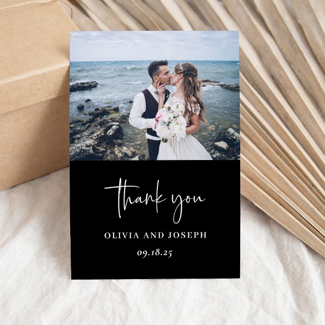 Simple Modern and Minimalist | Black Wedding Thank You Card (A modern, dark black wedding thank you card with your photo and elegant script)