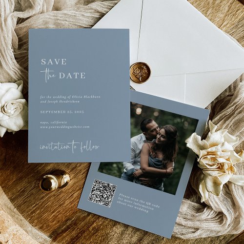 Simple Modern and Minimalist Dusty Blue  Photo Save The Date