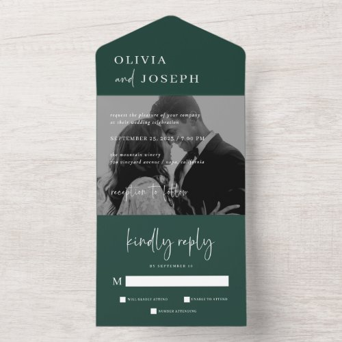 Simple Modern and Minimalist  Green Photo Wedding All In One Invitation