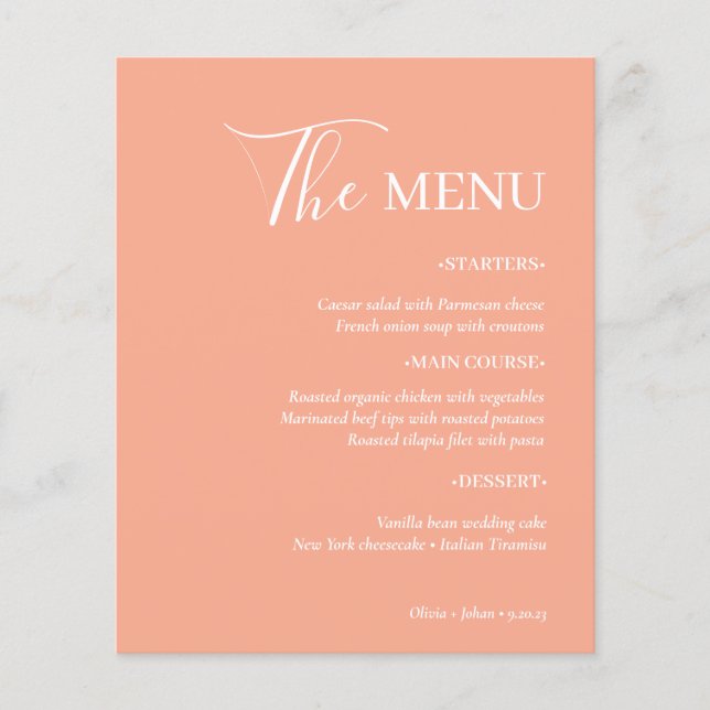 Simple Modern and Minimalist | Peach Wedding Menu Flyer (Front)