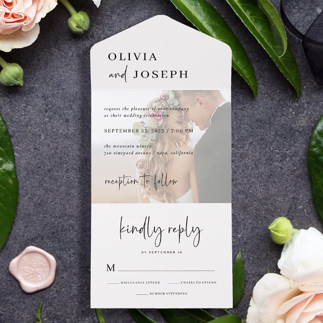 Simple Modern and Minimalist | Photo Wedding All In One Invitation (A simple and elegant photo all in one wedding invitation with trendy modern script)