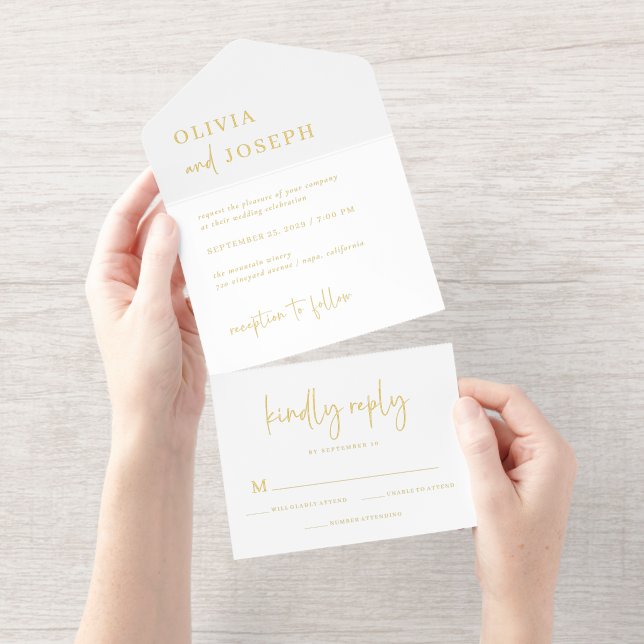 Simple Modern and Minimalist | Wedding Gold Foil All In One Invitation (Tearaway)