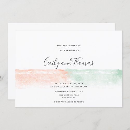 Simple Modern Apricot and Green Watercolor Splash Invitation