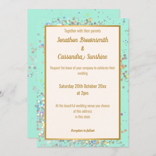 SIMPLE MODERN AQUA GOLD HOLOGRAPHIC PASTEL WEDDING INVITATION