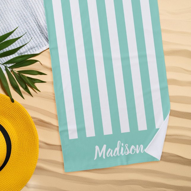 Simple Modern Aqua Stripes Monogram Beach Towel (Creator Uploaded)