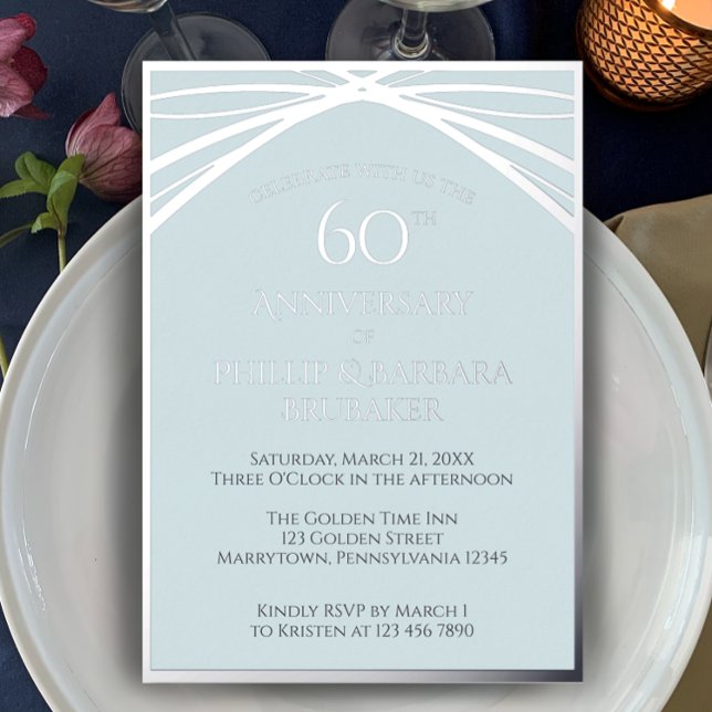 Simple Modern Arch 60th Wedding Anniversary Party Foil Invitation (Customize this template for a beautiful 60th anniversary party invitation. Silver foil modern simple)