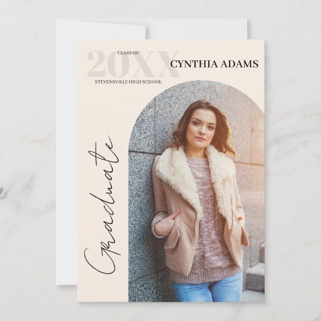 Simple Modern Arch Photo Beige Graduation Announcement (Front)