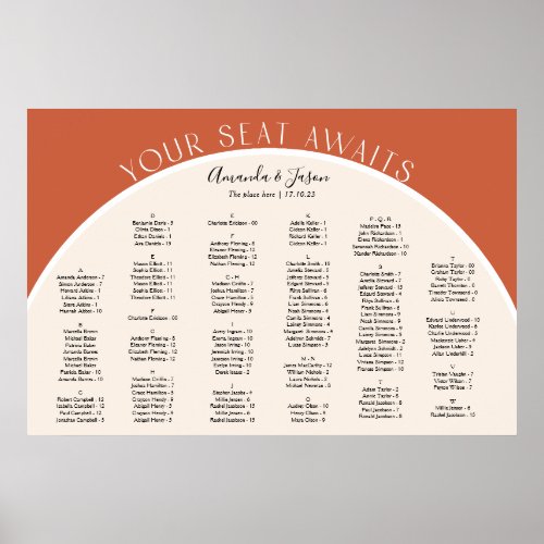 Simple modern arch Terracotta alphabetical seating Poster