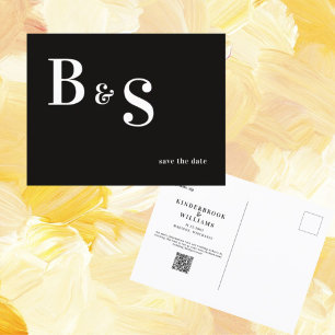 Simple Modern B/W Monogram QR Code Save The Date Postcard