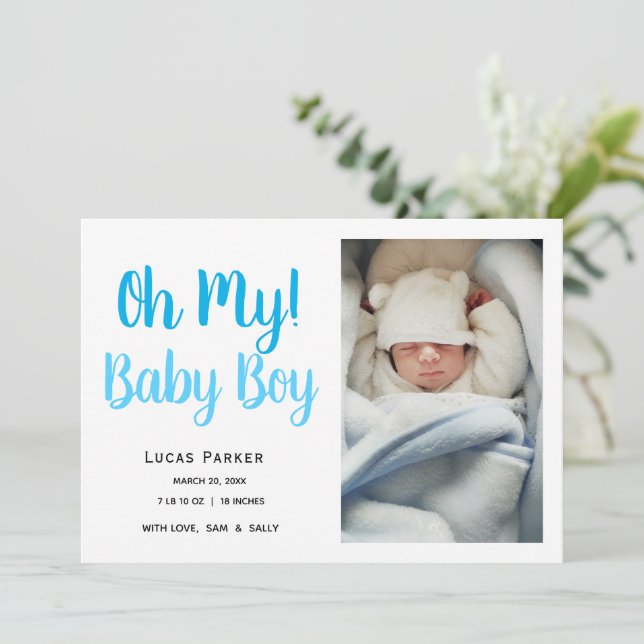 Simple Modern Baby Boy Photo Birth Announcement (Standing Front)