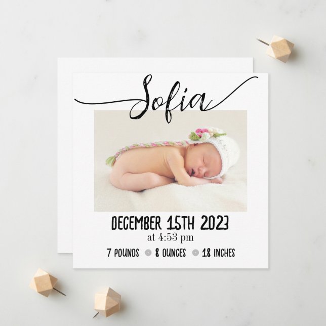 Simple Modern Baby Photo Birth Stats Announcement (Front/Back In Situ)