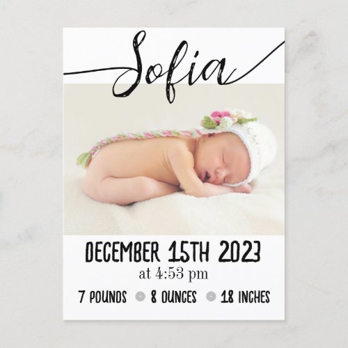 Simple Modern Baby Photo Birth Stats Announcement Postcard