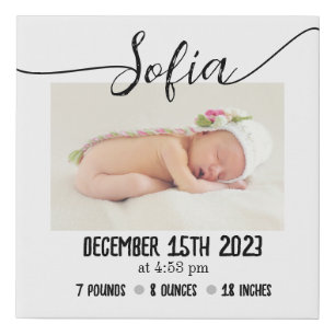 Simple Modern Baby Photo Birth Stats Faux Canvas Print