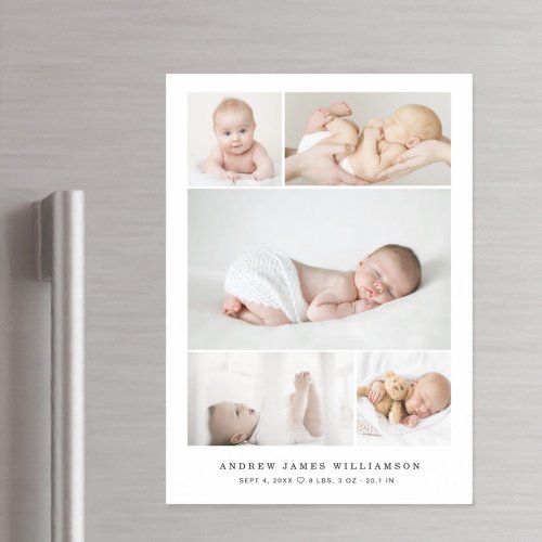 Simple Modern Baby Photo Collage Birth Stats Magnetic Invitation