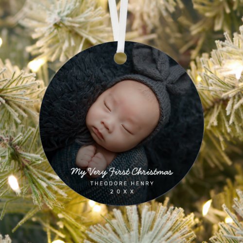 Simple Modern Baby Photo My First Christmas Metal Ornament