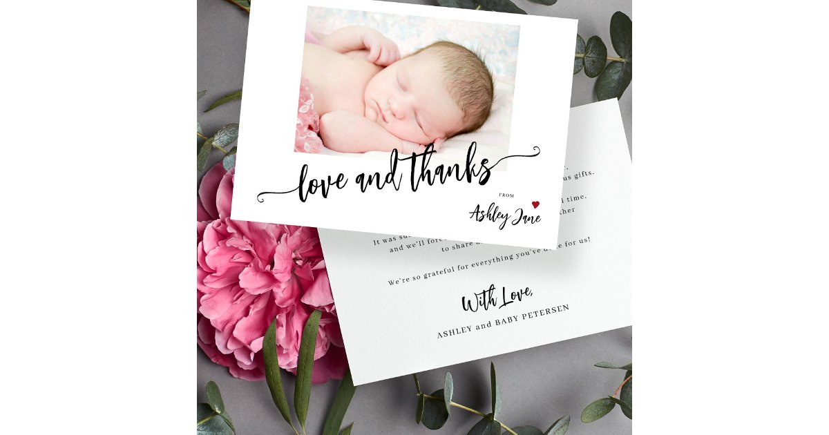 Simple modern baby shower photo love and thanks thank you card | Zazzle