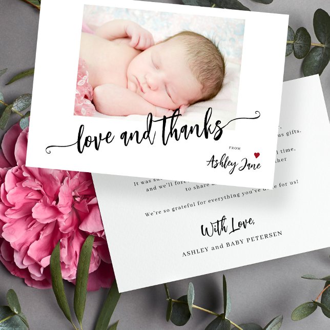 Simple modern baby shower photo love and thanks thank you card (Creator Uploaded)