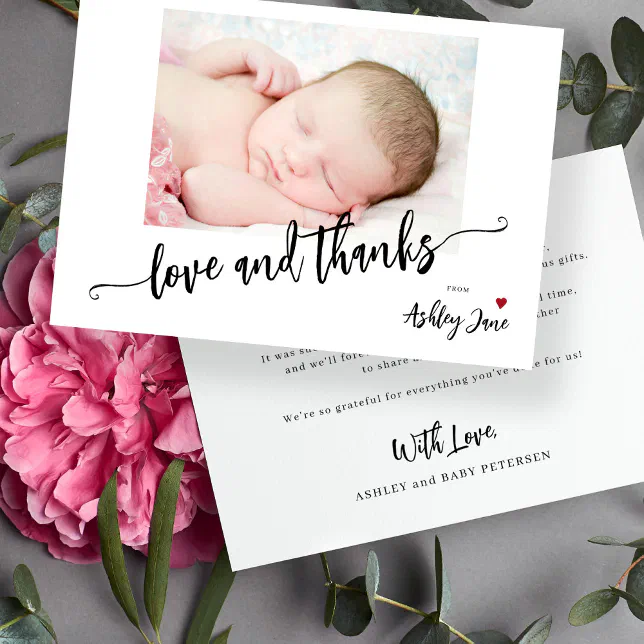 Simple modern baby shower photo love and thanks thank you card | Zazzle