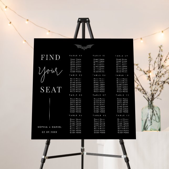 Simple Modern Bats Gothic Wedding Seating Chart Foam Board (In Situ (Stand))