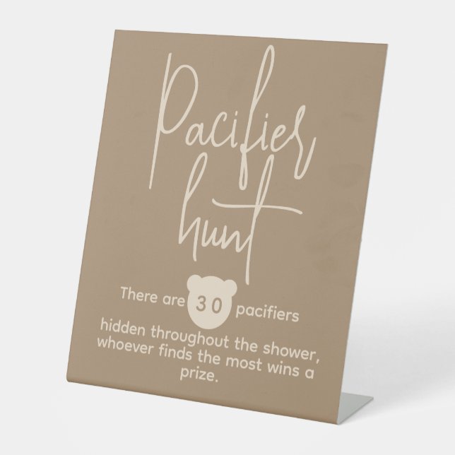 Simple modern Bear Baby Shower Pacifier Hunt Game Pedestal Sign (Front)