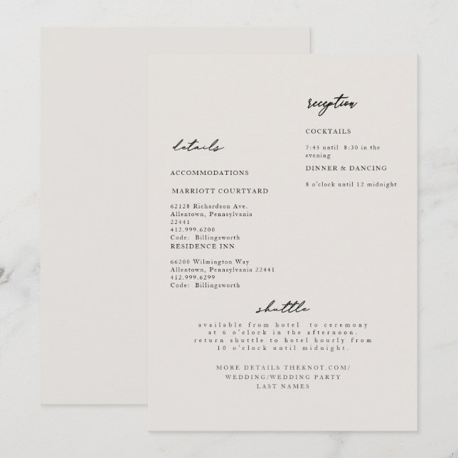 Simple Modern Beige Wedding Detail Invitation (Front/Back)