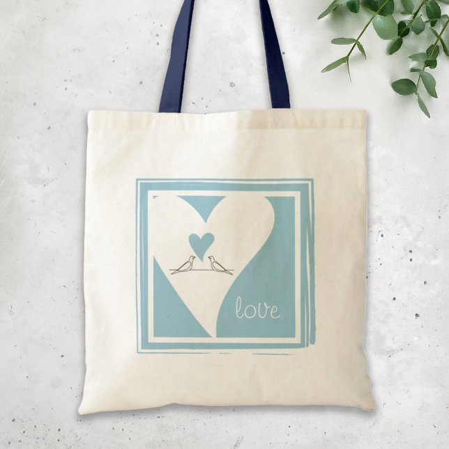 Simple Modern Birds in Love Light Blue Heart Tote Bag (Creator Uploaded)