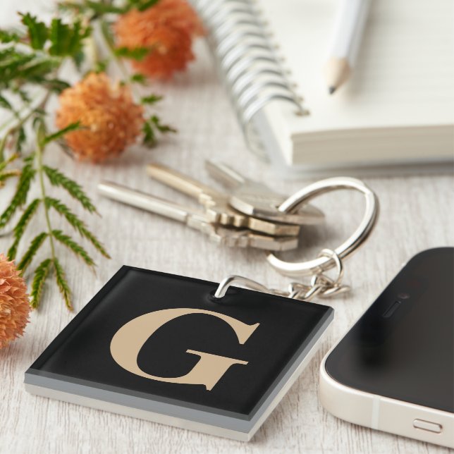 Simple Modern Black and Beige Monogram Keychain (Front Right)