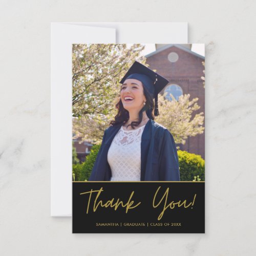 Simple Modern Black And Gold Graduation Photo Thank You Card