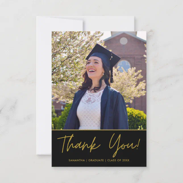 Simple Modern Black And Gold Graduation Photo Thank You Card | Zazzle